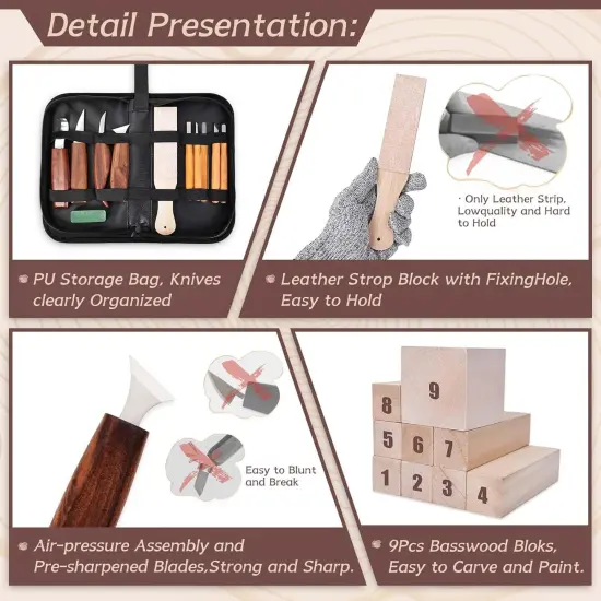 Wood Carving Kit, 4PCS Wood Carving Knives & 5PCS Detail Knives, 9 Basswood Blocks, 1 Pair Gloves, Roll Bag, Strop Block, Polishing Compound Whittling Kit Hobbies for Adults {3}