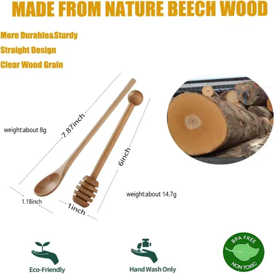 4 PCS 6 Inch Honey Dipper Sticks and 4 PCS 7.87 Inch Coffee Stirring Spoons, Beech Wooden Honey Spoon Stirrer for Honey Jar Dispense Drizzle Honey and Wedding Party Gift {3}