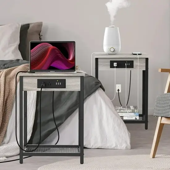 Set of 2 End Tables with Charging Station - Adjustable Nightstand, Sturdy Steel Frame & Water-Resistant Top for Bedroom, Living Room, Sofa {5}