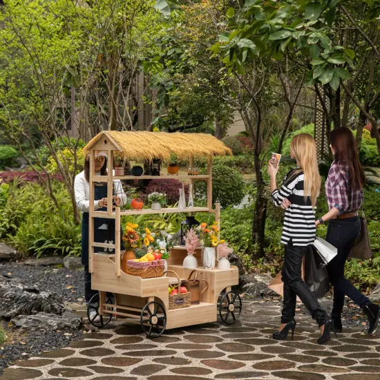 Vintiquewise Versatile Multi-Tier Shelves Wooden Rolling Cart - Perfect for Festival, Event Stand, Food Tasting Table, Garden Floral Display Rack, & Home Decor with Straw Roof and 2 Black Wheels {5}