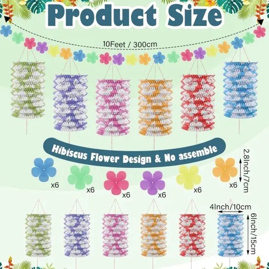2 Pcs Hawaiian Summer Tiki Lounge Flowers and Lantern Garland Decoration 10 Feet Paper Hibiscus Lantern Garland Hanging Luau Tiki Lanterns for Tropical Party Bar BBQs Pool Supplies {2}