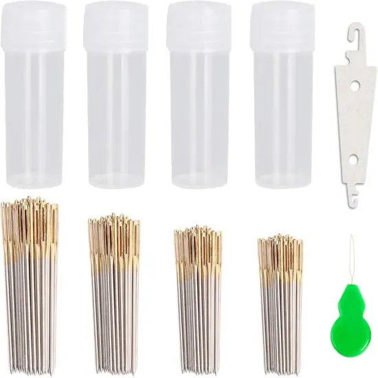 120pcs Cross Stitch Needles +2 Needle Threader Golden Color Large Eyes Cross Stitch DIY Embroidery Hand Needles Sewing Needles in Transparent Box Size 22# 24# 26# 28# {1}