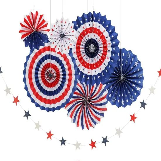 4th/Fourth of July Patriotic Party Decorations Set- Red White/Silver Blue Star Streamers and 6Pcs Red White Blue Hanging Paper Fans for American Independence Day Party Decor Supplies {1}
