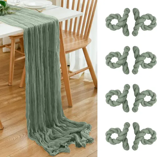 8 Pack 10Ft Sage Green Cheesecloth Table Runner 35x120 inch Boho Gauze Cheese ClothsTable Runners Long Wrinkled Sheer Romantic Table Runner for Wedding Bridal Shower Birthday Party Table Decor {1}