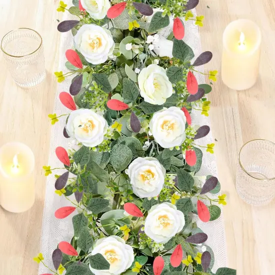 2 Pack 6.23Ft Artificial Eucalyptus Flower Garland with Flowers, Fake Rose Garland Greenery Garland Floral Vines for Wedding Spring Home Party Craft Art Table Runner Decor (Pink Leaves) {1}