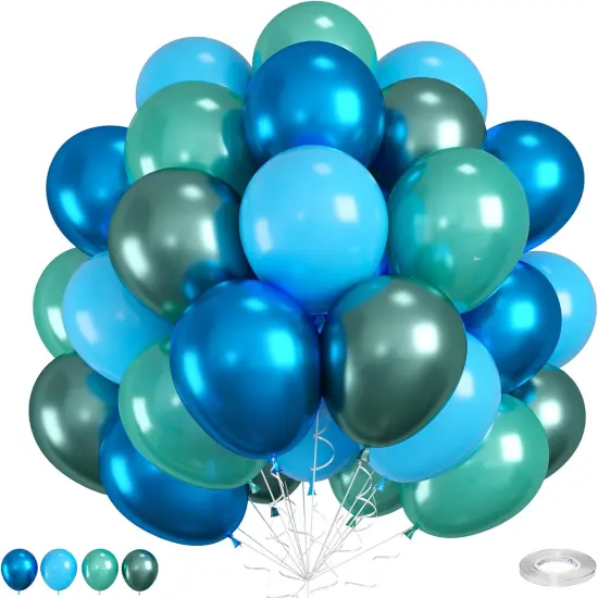 Blue and Green Balloons, Blue and Green Birthday Decorations, 12 Inch Light Blue Teal Blue Metallic Green Metallic Blue Latex Balloons for Birthday Wedding Baby shower Party Decorations {1}