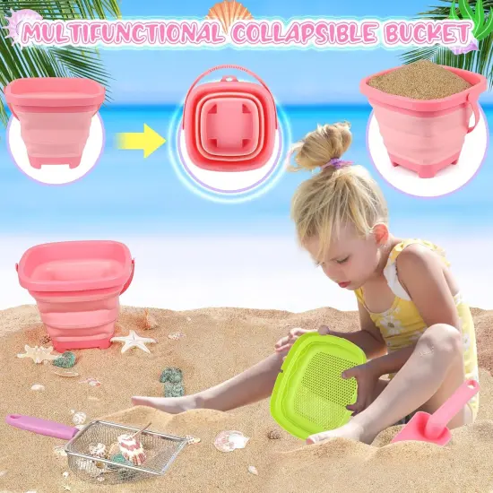 Summer Beach Toys, Sand Toys with Collapsible Beach Bucket, Beach Mesh Shovel, Sand Sifter and Mesh Bag for Shell Collecting, Shark Tooth Sifter Sand Dipper Beach Scoop for Kids Adults Boys Girls {2}