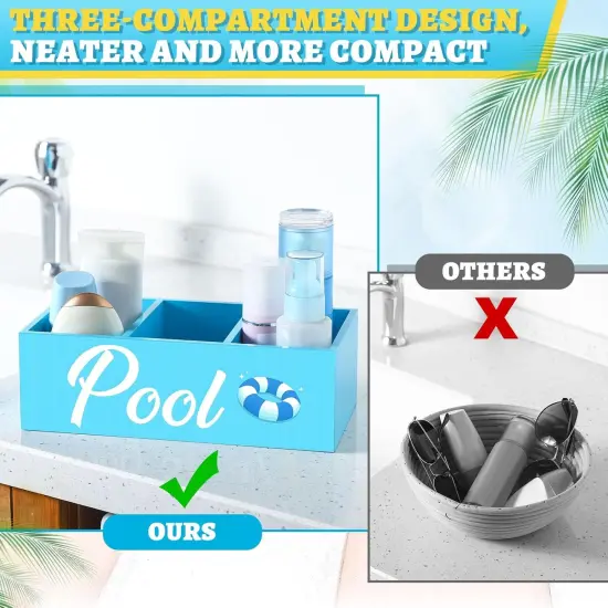 Summer Storage Basket Blue Pool Wooden Box with Three Compartments Toilet Tank Tray for Indoor Outdoor Swimming Pool Decor Sunblock Sunglasses Pool Toy Storage Box {3}