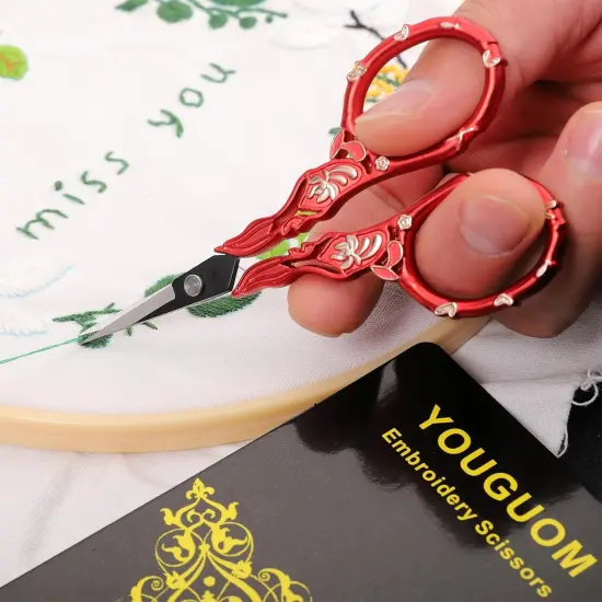 Antique Embroidery Scissors with Case, Needlework Scissors for Sewing Crafting Cross Stitch Crochet Yarn, Detail Shears Threading Snips Vintage Golden Red {5}