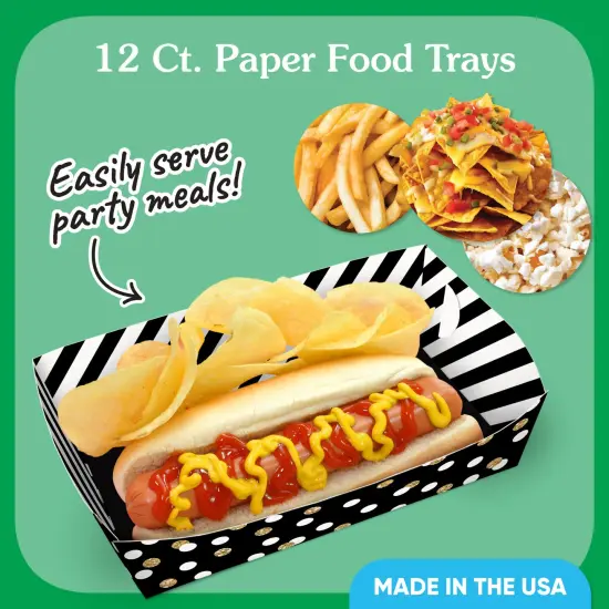 Big Dot of Happiness Black & Gold Party Paper Food Trays, Disposable Double-Sided Paper Food Holders for Nachos, Hot Dogs, French Fries - 12 Ct {3}