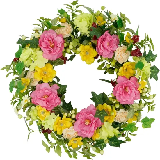 18" Summer Wreaths for Front Door, Floral Green Foliage Wreath with Peony, Green Eucalyptus Leaves for Indoor Outdoor Farmhouse Home Porch Wall Window Decor {1}