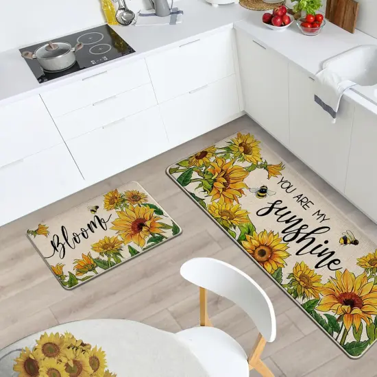Spring Summer Sunflower Kitchen Rugs Set of 2, Fall Flower Bee Bloom You are My Sunshine Kitchen Mats Home Decor, Floral Seasonal Floor Door Mat Decorations - 17x29 and 17x47 Inches {2}
