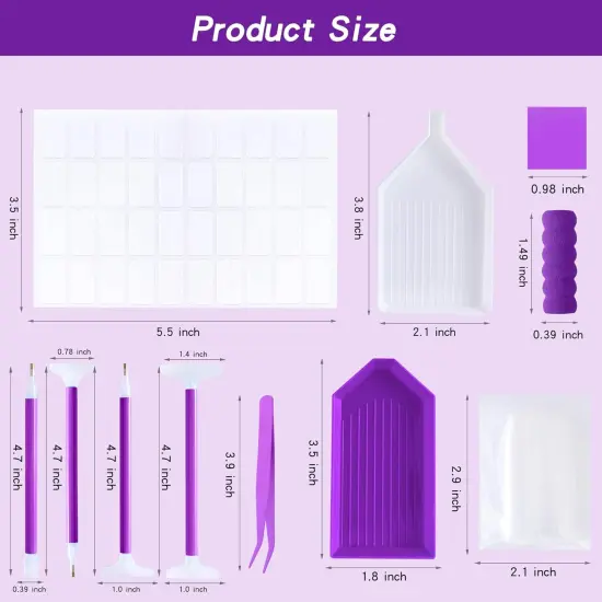55PCS Diamond Art Accessories Tools Multiple Sizes Diamond Painting Kits with Diamond Art Pens Sleeves Tweezers Glue Label Ziplock Diamond Correction for Adults (Purple 55PCS) {2}