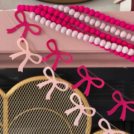 Pink Mini Felt Ball Garland Pom Pom Garland, 6 Feet 115 Wool Balls Bunting for Party Decor, Tree Decor, Easter Banner, Spring Bridal and Baby Showers. (Pink) {4}