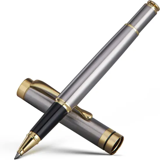 Ballpoint Pens, Stunning Silver Chrome Metal Pen with Golden Trim, Best Ball Pen Gift Set for Men & Women, Professional, Executive, Office, Nice Pens-Gift Box with 0.5mm Extra Black Refill {1}