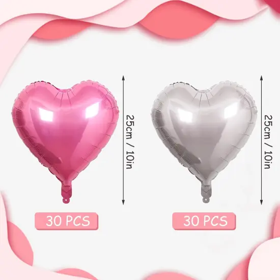 60 PCS Heart Shape Foil Balloons, 10 Inch Pink & Silver Heart Foil Balloons Mylar Heart Shaped Balloons Heart Balloons Aluminum Foil Balloons for Valentine Day Birthday Engagement Wedding {2}