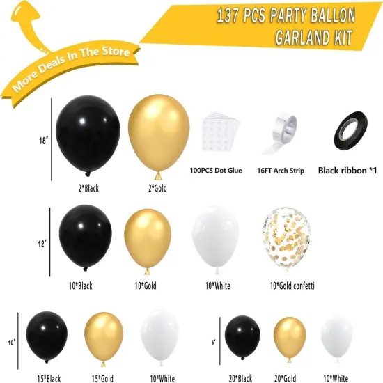 Black Gold White Balloon Arch Kit,137 Pcs Balloon Garland Kit Confetti Metallic with Balloons Tape for Wedding, Birthday,Graduation,New Years,Special Events Party Decoration {3}