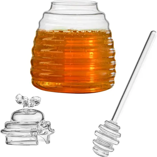 Honey Jar with Dipper and Lid, Honey Bee Pot, 17oz Glass Beehive Honey Pot for Home Kitchen {2}