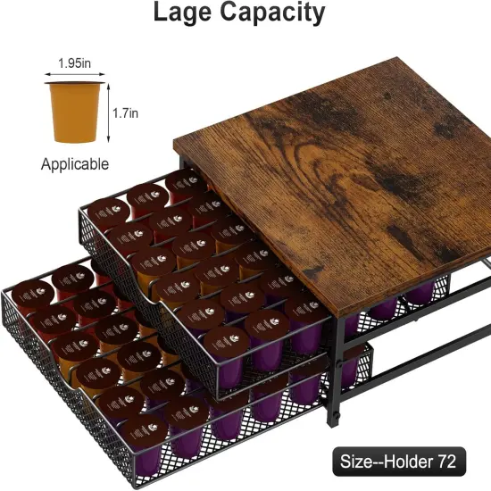 2-Tier Industrial Coffee Pod Storage Drawer Organizer &ndash; Sturdy Metal & Wood Construction, 72 K-Cup Capacity, Space-Saving Design for Countertop/Cabinet {3}