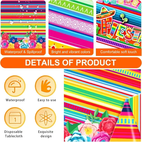 3 Pieces Different Mexican Fiesta Tablecloth Disposable Plastic Table Covers for Cinco de Mayo Mexico Theme Party Supplies Floral Stripes Rectangle Table Covers（108 x 54 Inches） {4}