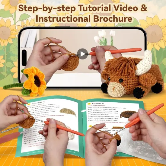 Crochet Kit for Beginners Animal,Crochet Animal Kits,Crocheting Kit for Starters,Learn to Crochet with Step-by-Step Video Tutorials,Beginner Crochet Kits for Adults(Highland Cattle) {3}
