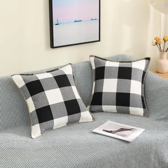 Buffalo Plaid Check Spring Throw Pillow Covers 18x18 Set of 2, Outdoor Decorative Farmhouse Pillow Covers with Stitched Edge for Bed Couch Sofa, Black and White {4}