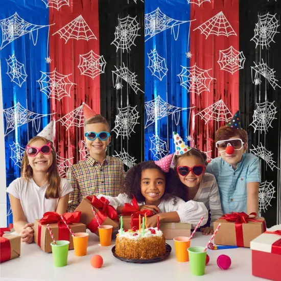 Spider Web Birthday Decorations 2 Pack Spider Party Supplies 3.3x6.6ft Red Blue and Black Spidey Tinsel Foil Fringe Curtains Backdrop Red and Blue Streamers Spider Theme Party Decorations {5}