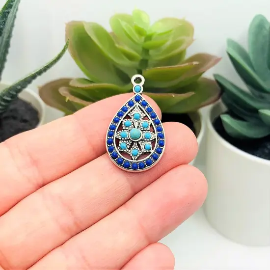 Antique Silver and Blue Boho Teardrop Charms, 29x17mm {2}