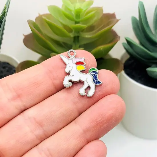White and Rainbow Enamel Unicorn Charms, 20x21mm {2}