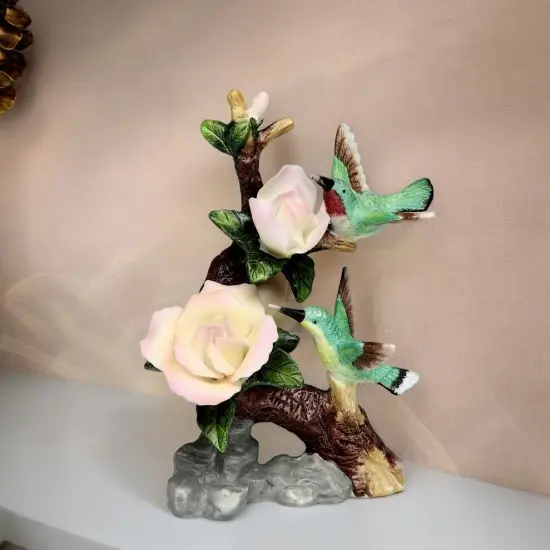 Ceramic Hummingbirds with Rose Flower Figurine, Gift for Birdwatcher, Gift for Her, Gift for Mom, Home Decor {3}