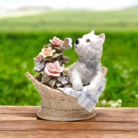 Ceramic West Terrier Dog Basket Music Box Playing "You've Got A Friend", Dog Lover Gift, Gift for Her {1}