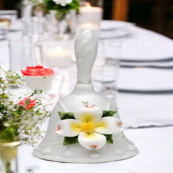 Ceramic Wedding Bell with White Flower, Wedding D&eacute;cor or Gift, Anniversary D&eacute;cor or Gift, Home D&eacute;cor, Vanity Decor {1}