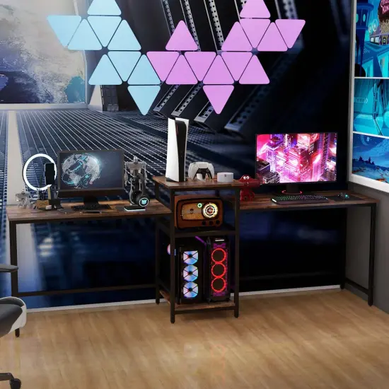 Costway 97 Inch Two Person Desk Double Computer Desk with Power Outlets Printer Stand {5}