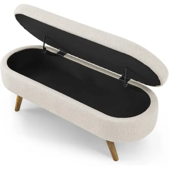 Linen Upholstered Modern Storage Bench with Wood Legs and Flip-Top Off white {2}