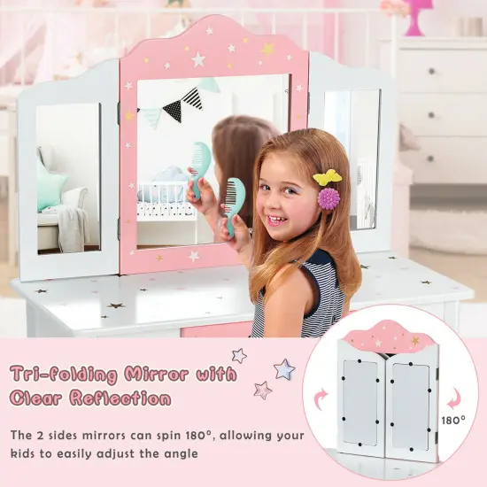Costway Kids Vanity Princess Makeup Dressing Table Chair Set W/ Tri-folding Mirror {6}