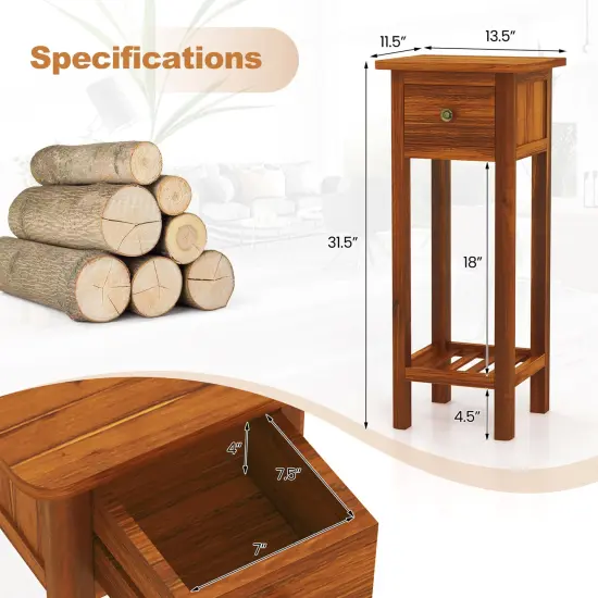 Costway Solid Wood Side Table with Acacia Wood Top Drawer & Open Shelf Small Nightstand {3}