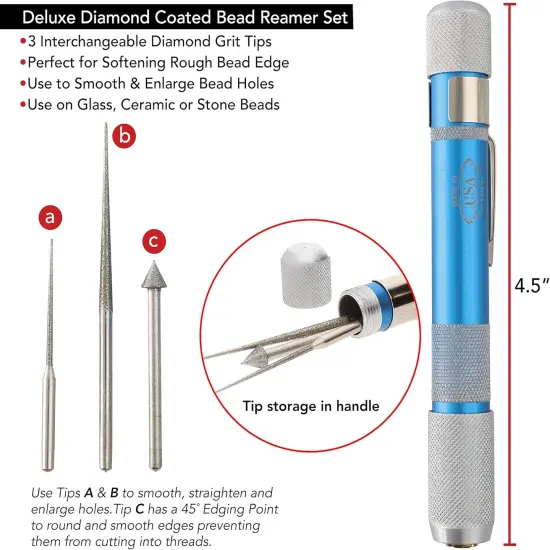 The Beadsmith Deluxe Diamond Coated Bead Reamer w/ 3 Interchangeable Tips & Aluminum Storage Handle, for Opening & Enlarging Holes & Smoothing Edges {3}