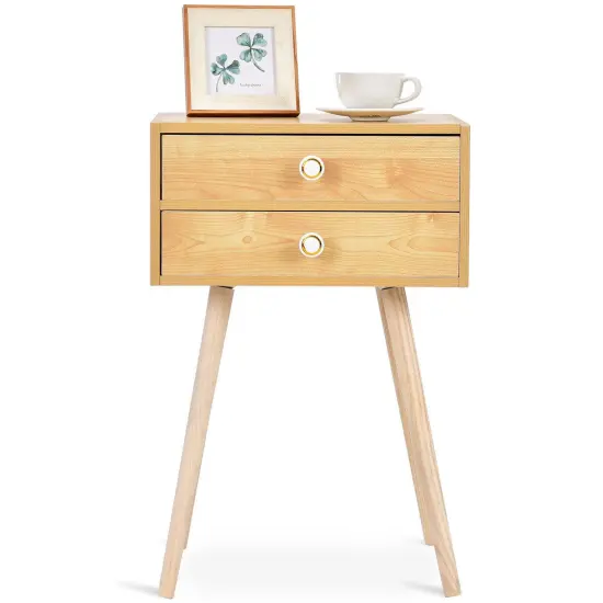 Costway Mid Century Modern 2 Drawers Nightstand In Natural Sofa Side Table End Table {1}