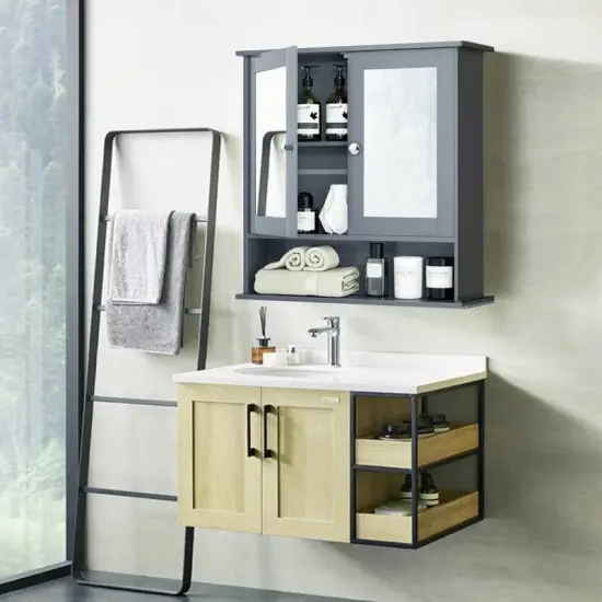 Wall Mounted MDF Bathroom Storage Cabinet with Mirrored Doors and Adjustable Shelves Grey {4}