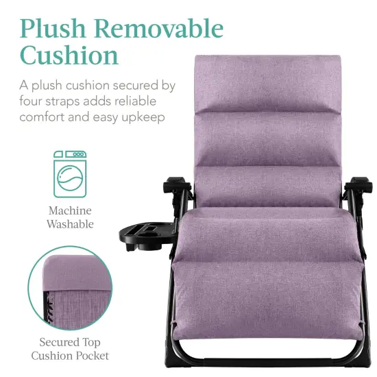 Best Choice Products Oversized Zero Gravity Chair, Folding Recliner w/ Removable Cushion, Side Tray Lavender {2}