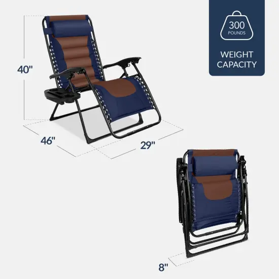 Best Choice Products Oversized Padded Zero Gravity Chair, Folding Outdoor Patio Recliner w/ Side Tray Navy/Brown {2}