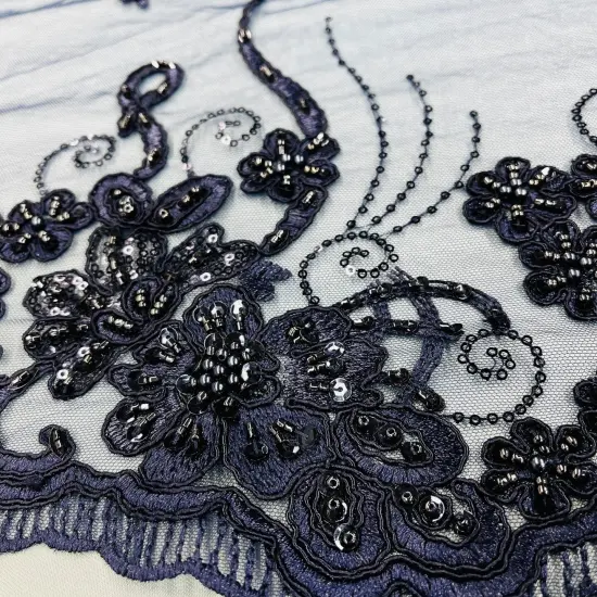 1 Yard Luxury Beaded and Corded Lace Fabric Embroidered Soft Polyester Net Mesh 54" Width Navy {4}