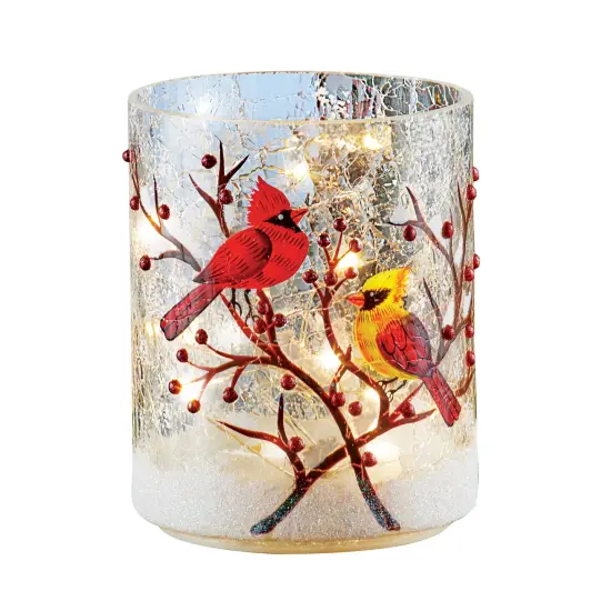 Collections Etc Hand Painted LED Lighted Cardinals Glass Tabletop Hurricane {2}