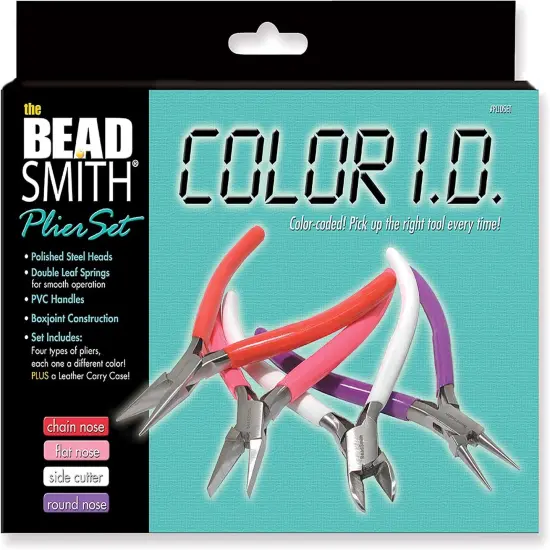The Beadsmith Color-ID Set &ndash; 4.75&rdquo;, 4-Pieces Includes: Chain Nose, Round Nose, Side Cutter, Flat Nose, & Leatherette Case &ndash; Double Leaf Spring, PVC Comfort Handle &ndash; Tools for Jewelry Making {1}