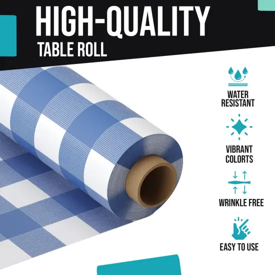 Exquisite Plastic Table Cover Roll &ndash; 40" x 100' Disposable Tablecloth Roll &ndash; Premium Thick 0.5 MIL Plastic Banquet Roll &ndash; Party Table Cover Roll for Events & Catering Blue Gingham {6}