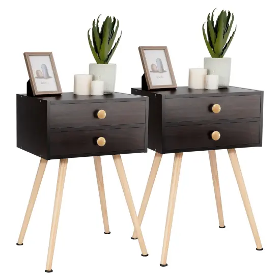 Costway 2 PCS Mid Century Modern 2 Drawers Nightstand Sofa Side Table End Table Espresso {1}
