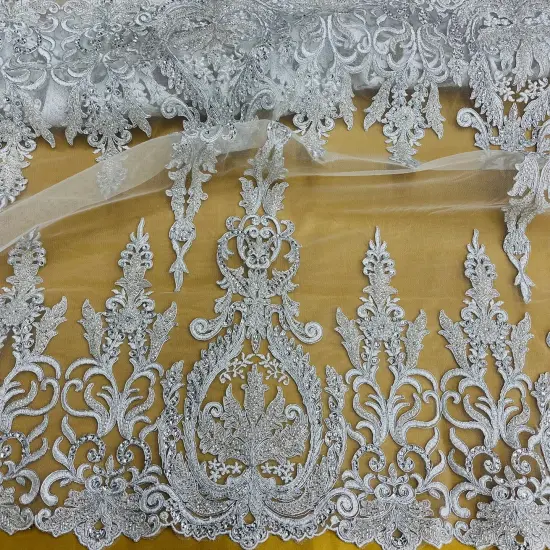 1 Yard Beaded & Corded Bridal Lace Fabric on 100% Polyester Net Mesh, Embroidered Lace Fabric, 51" Width White {3}