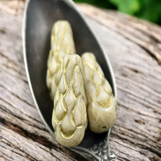 *6* 25x12mm Gold Washed Opaque Beige Mermaid Scale Large Drop Beads {5}