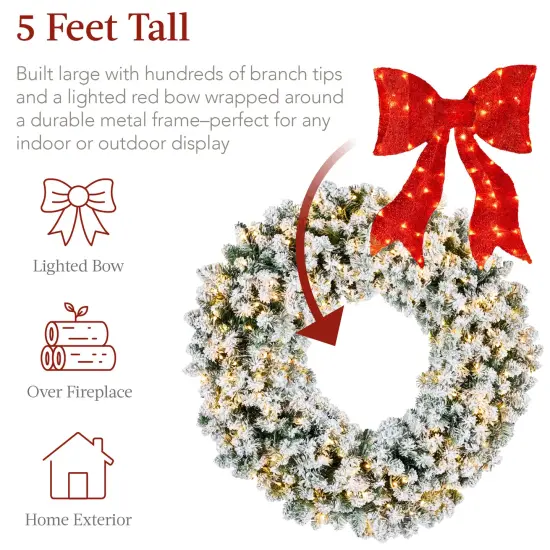 Best Choice Products Artificial Pre-Lit Flocked Fir Christmas Wreath D&eacute;cor w/ Red Bow, LED Lights, Tips, Plug-In {3}