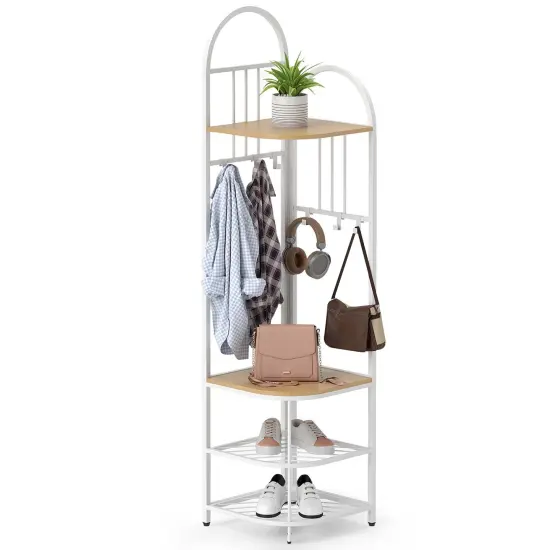 Costway 4-Tier Coat Rack Corner Hall Tree with Shoe Storage Bench 6 Removable Hooks Bedroom Brown/Natural/White {1}